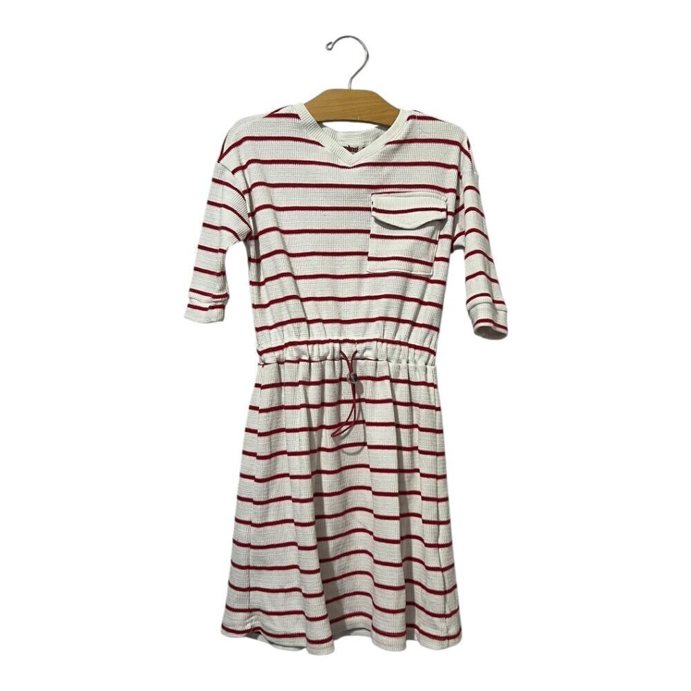 Melange Girls Dress Size 8 Red White Stripes Elastic Drawstring Waist V Neck